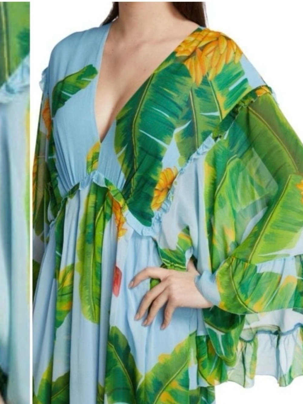 Light Blue Tropical Banana Maxi Dress with Green Leaf Print - Farm Rio - Picture 2 of 7